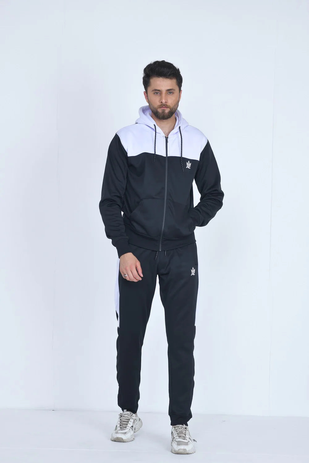 Mens Full Zip Two Tone Contrast Black hoodie Tracksuit