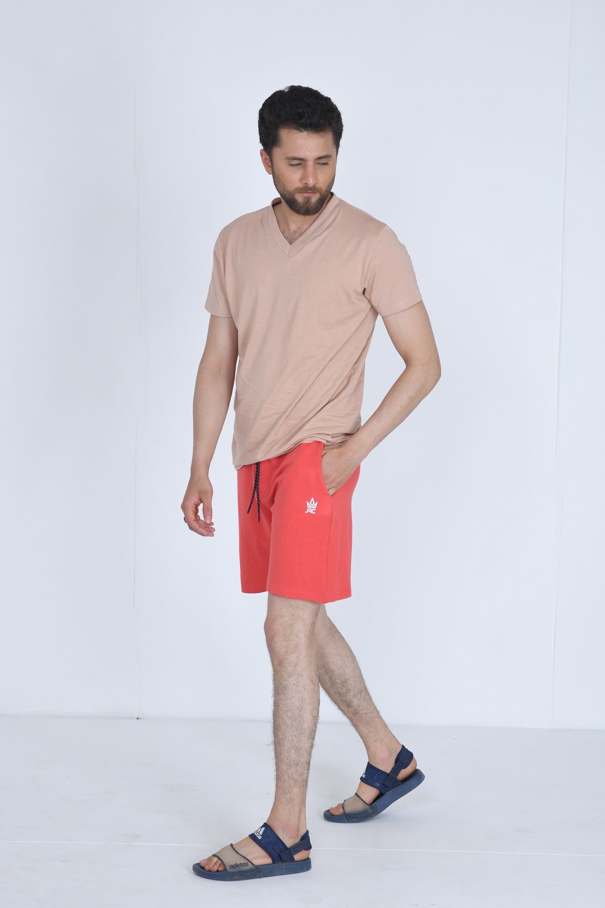 Men's strawberry pink gym shorts - side view