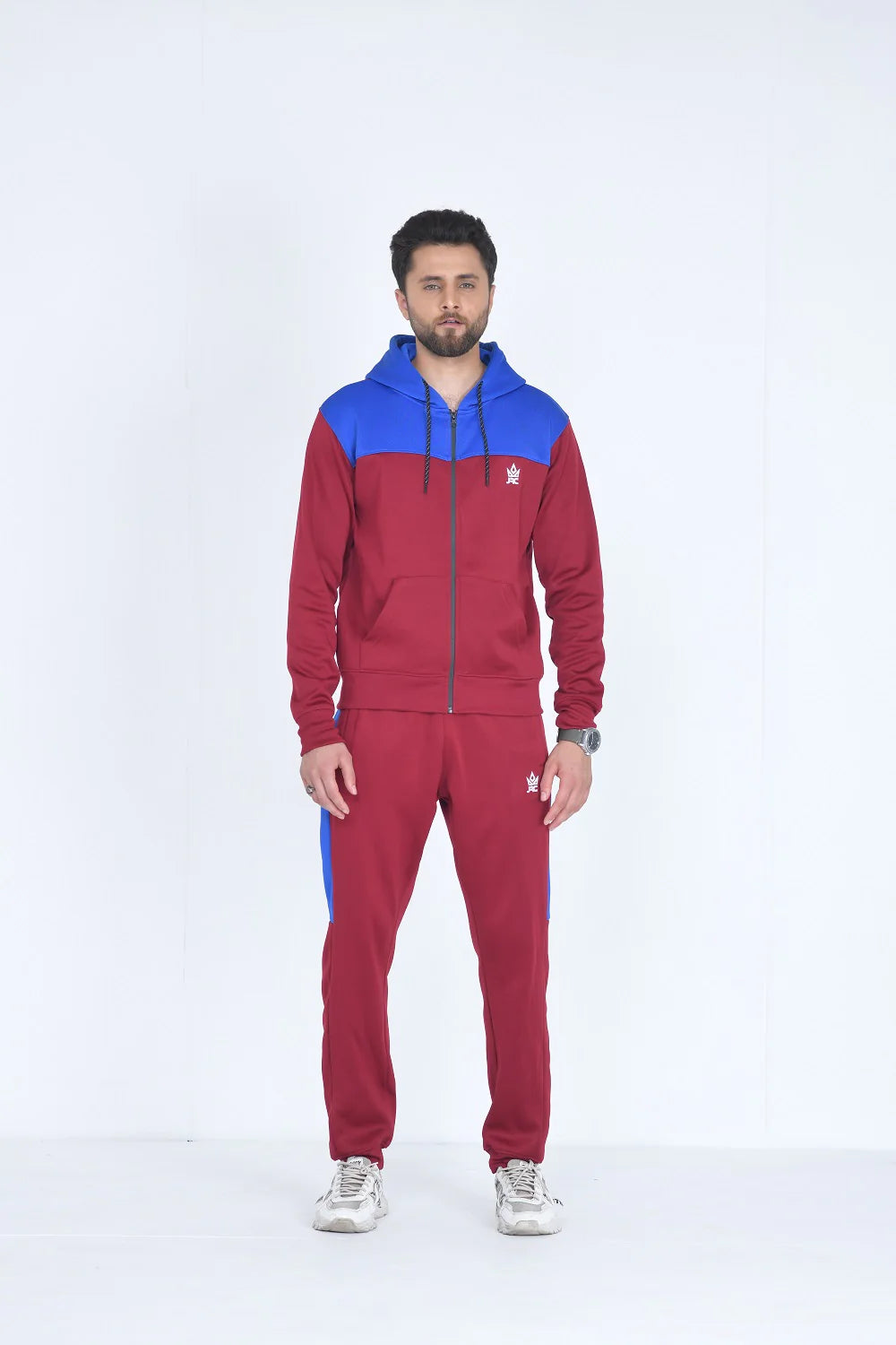 Mens Full Zip Two Tone Contrast Maroon hoodie Tracksuit