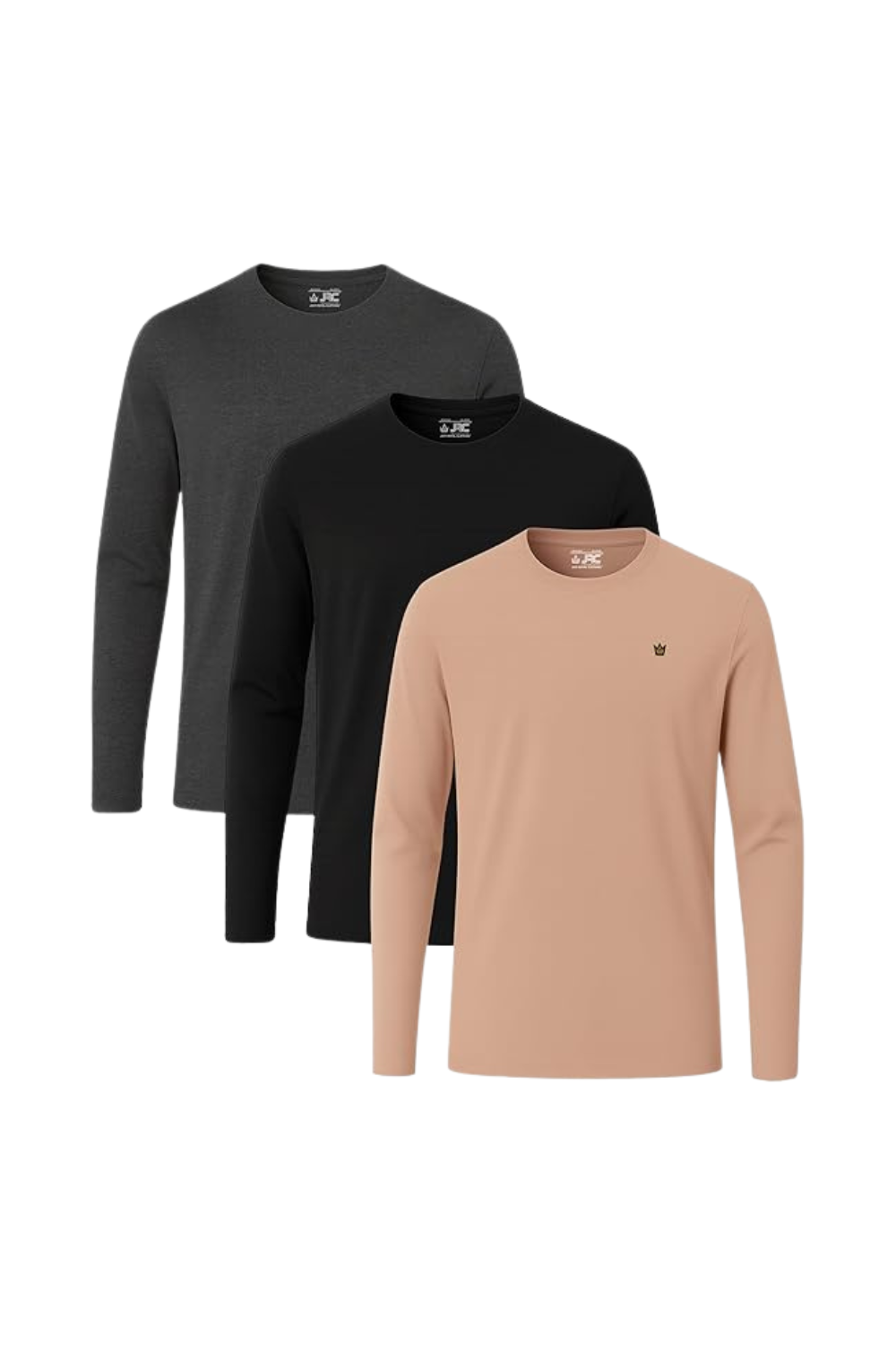 Men's long sleeve crewneck t-shirts pack of 3 - front view - JRC UK