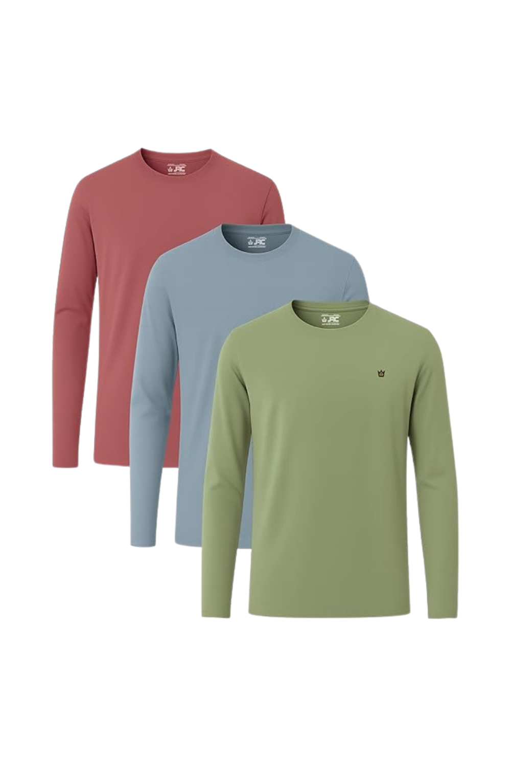 Men's long sleeve crewneck t-shirts pack of 3 - front view - JRC UK