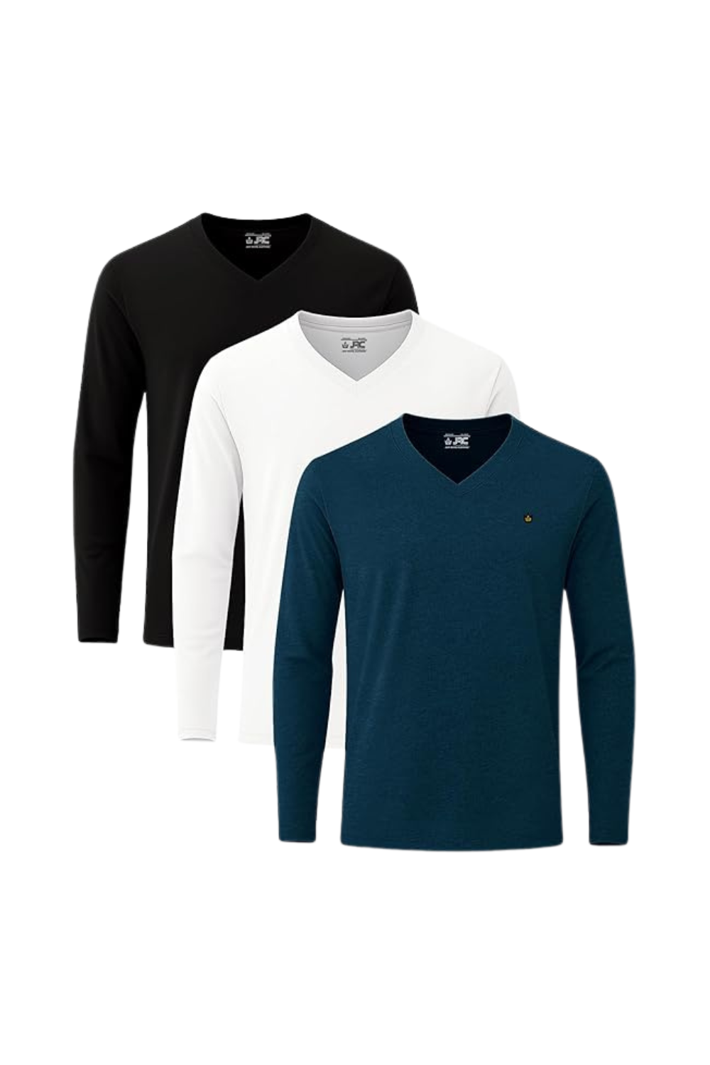 Men's long sleeve V-neck t-shirts pack of 3 - front view - JRC UK