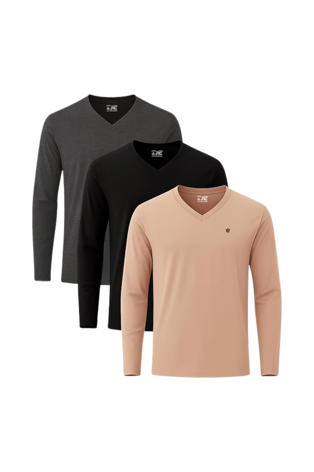 Men's long sleeve V-neck t-shirts pack of 3 - front view - JRC UK