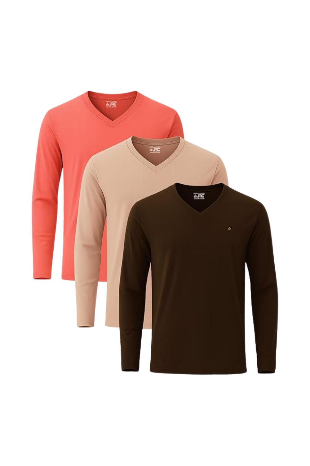 Men's long sleeve V-neck t-shirts pack of 3 - front view - JRC UK