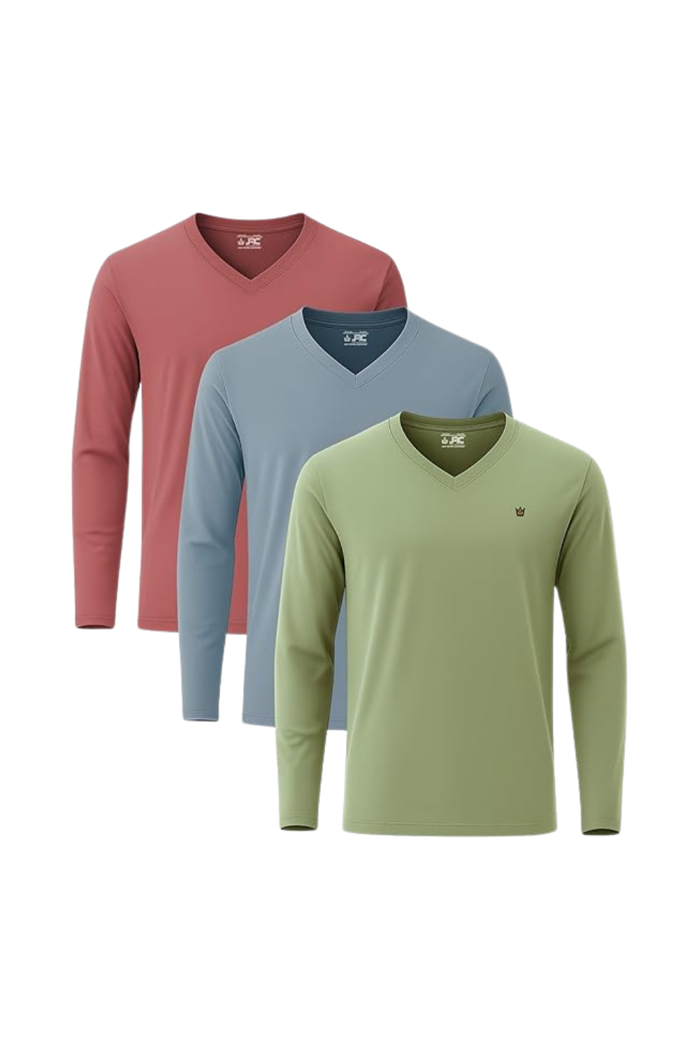Men's long sleeve V-neck t-shirts pack of 3 - front view - JRC UK