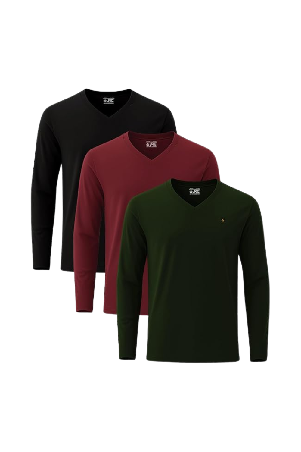 Men's long sleeve V-neck t-shirts pack of 3 - front view - JRC UK