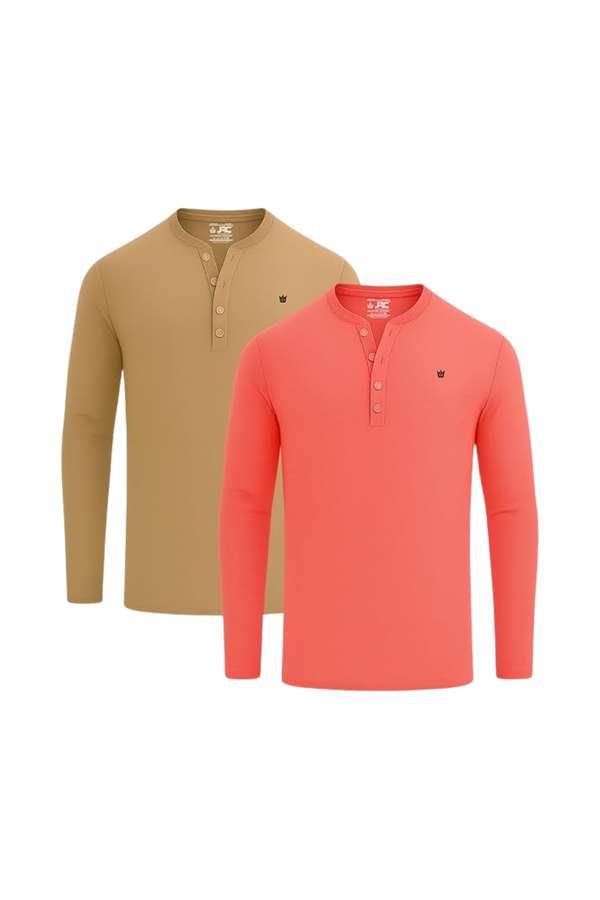 Men's long sleeve Henley shirts pack of 2 - front view - JRC UK