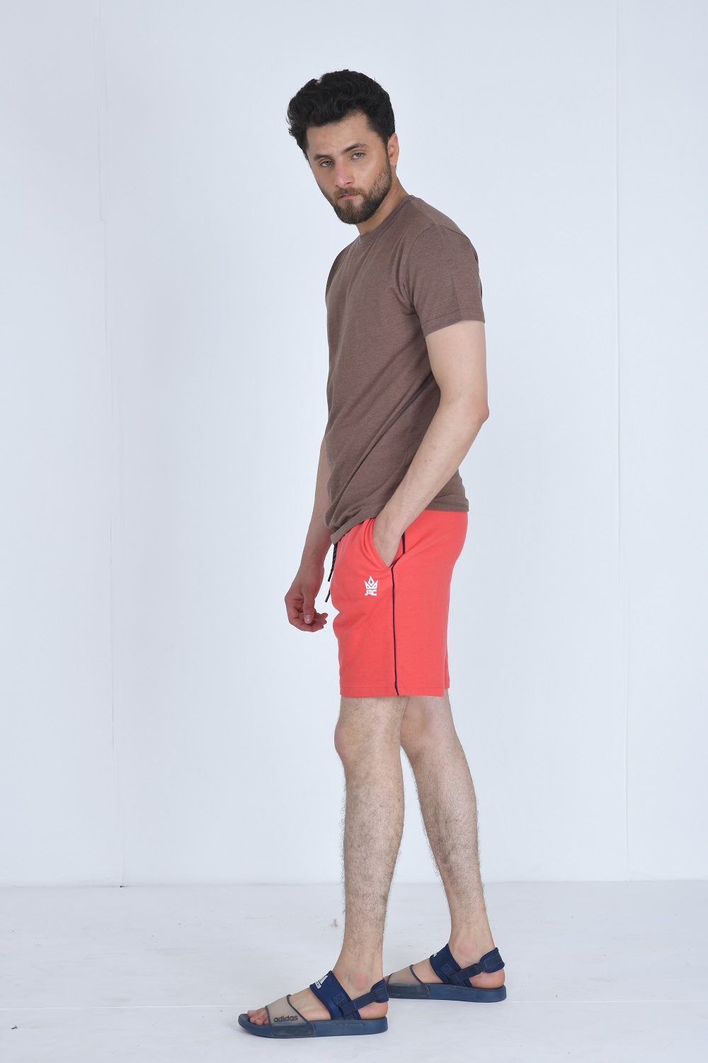 Men's strawberry pink gym piping shorts - side view