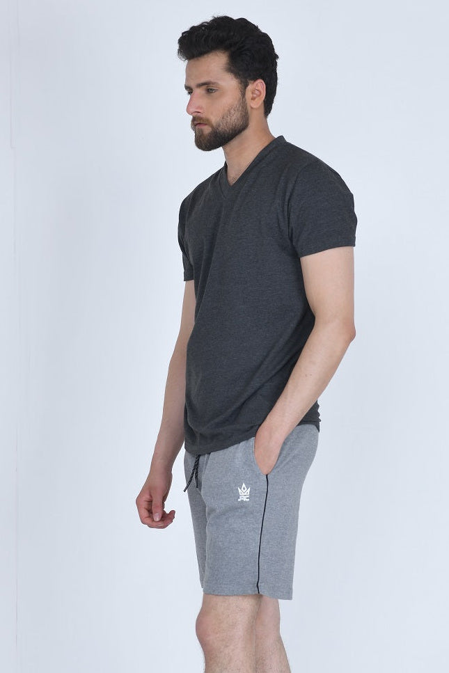 Men's grey gym piping shorts - side view