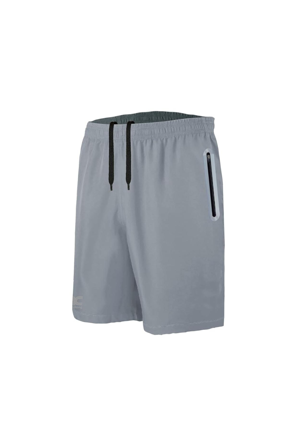 Men's silver running shorts with zip pockets