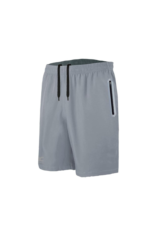 Men's silver running shorts with zip pockets